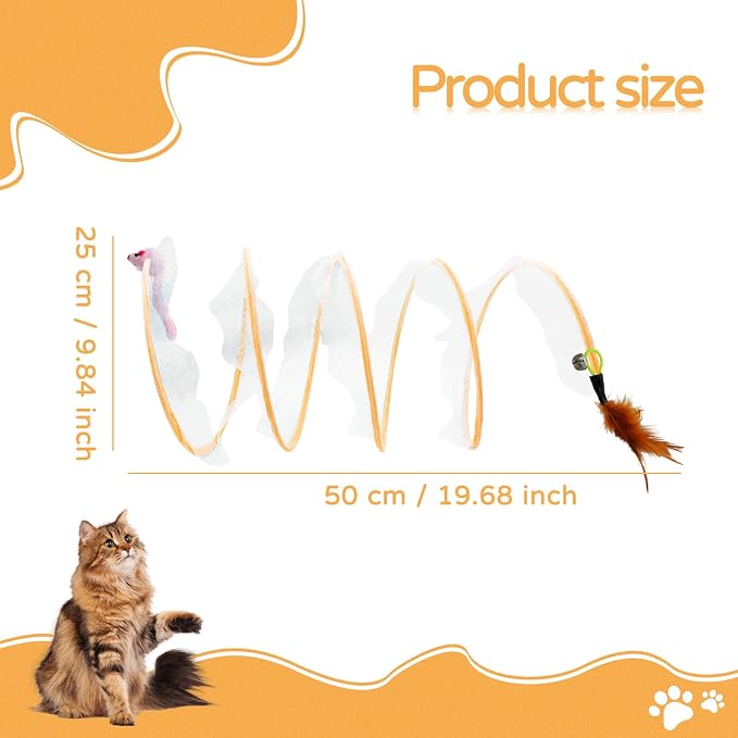 Andiker Spiral Tunnel for Cats, 21.45” Collapsible Cat Tunnel with Feather Toy and Plush Mouse Interactive Cat Toys for Indoor Cats to Relieve Boredom for Kitten (Orange)