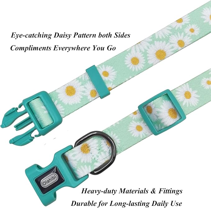 Dog Collar Leash Set, Floral Pattern, Polyester Material, Adjustable Collar and 5ft Matchcing Leash, for Medium Dogs.(M, Light Green Daisy)