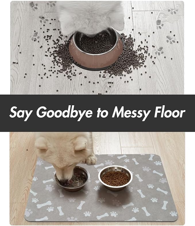 MontVoo Dog Food Mat-Pet Feeding Mat for Food and Water-No Stains Quick Dry Dispenser Cat Bowl Mat for Messy Drinkers(16"X24" Grey)