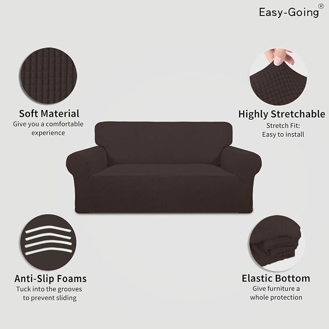 Easy-Going Stretch Oversized Loveseat Slipcover 1-Piece Sofa Cover Furniture Protector Couch Soft with Elastic Bottom for Kids Polyester Spandex Jacquard Fabric Small Checks Chocolate