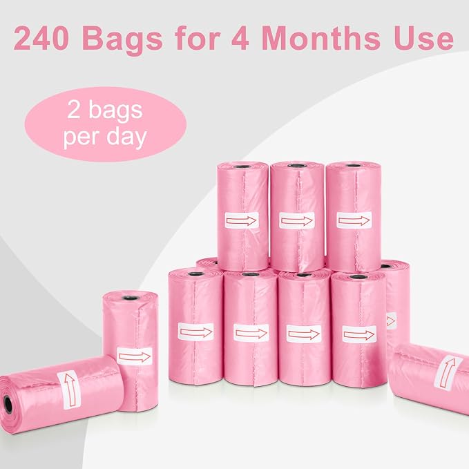 Toplive Dog Poop Bags, Pet Waste Bags Roll Refills, Thick Strong Leak-Proof Cat Dog Bag for Poop Outdoor Cleanup 16 Rolls (240 Bags), Pink