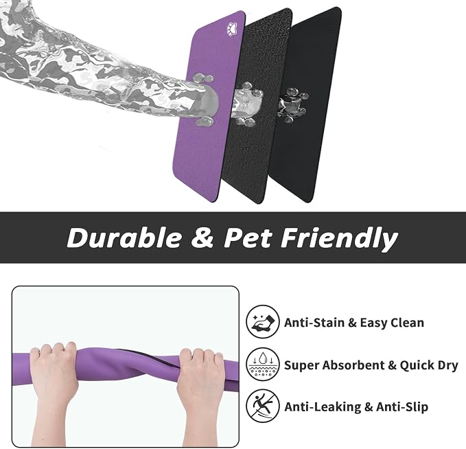 HotLive Dog Food Mat - Absorbent Cat Mat for Food and Water, No Stains Pet Feeding Bowl Mat, Easy to Clean Pet Placemats, Quick Dry Dog Water Dispenser Mat for Messy Drinkers | Paw Purple 24"x36"