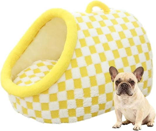 Warm Nest Bed, Soft Cozy Pet Cave with Removable Cushion, Non-Slip Washable Soft Slipper Cave for Small and Medium Pets (Yellow Grid, Medium)