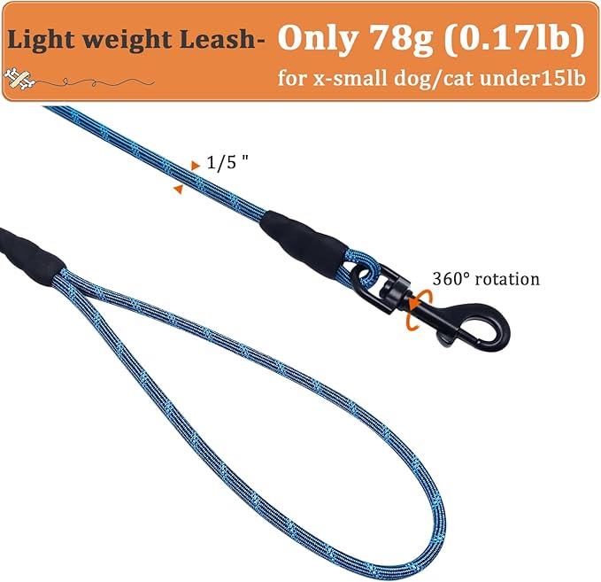 WYuZe Reflective X-Small Dog Leash 6/10/15 FT, Thin 1/5" Lightweight Rope Leash for Puppy Training, Walking Leads for Cats Chihuahua Maltese Small Pets Up to 15lb, (15ft, Blue)