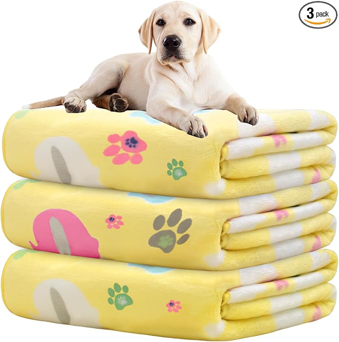 Rezutan 1 Pack 3 Dog Blanket for Large Dogs,41x31 inch for Medium Soft Fluffy Washable Pet Cat Blankets,Reversible Elephant & Paw Print for Dog Kennels & Beds, Sofas,Yellow