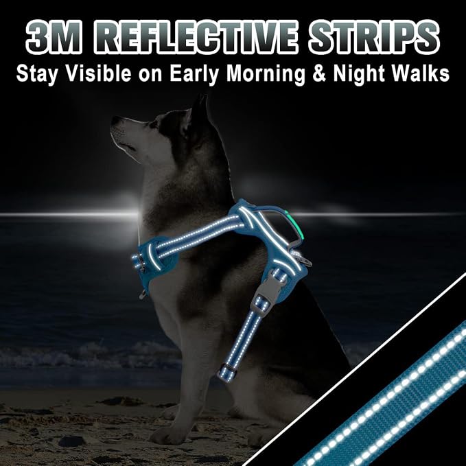 BARKBAY No Pull Dog Harness Large Reflective Dog Harness with Front Clip and Easy Control Handle for Walking Training Running with ID tag Pocket(Blue,XL)