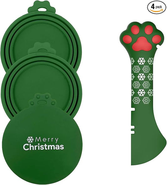 Christmas Pet Set - 3 Cat Food Can Lids & 1 BPA-Free Can Opener | Cute Paw Shape Opener Spatula Spoon for Wet Food | Silicone Spoon & Covers for Dog Cat - Christmas Green