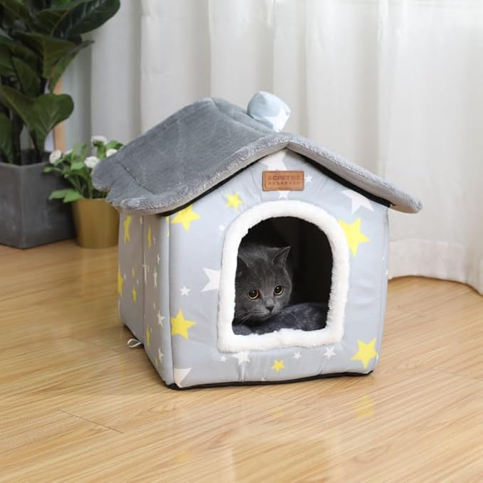 SEAHOME Dog House Kennel Bed Mat for Indoor Pets,Enclosed Warm Plush Sleeping Nest Bed with Removable Cushion,Covered Small Pet Condos Indoor Cat Hideaway (S, Grey)