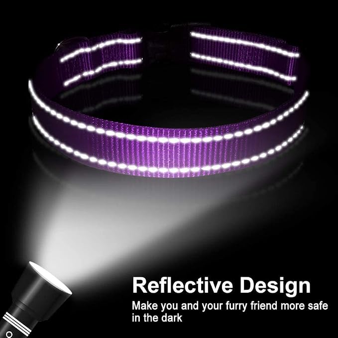 FunTags Length 16" - 24" Reflective Purple Dog Collar for Large Dogs – Night Walking & Training Safety, Durable Quick Release Buckle, Nylon, Comfortable Adjustable, Width 1"