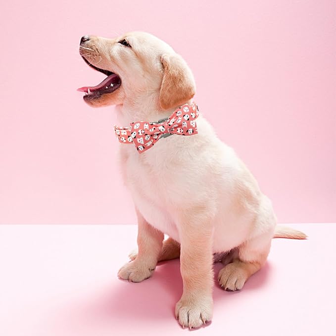 Elegant Little Tail Pink Heart Print Dog Collar - Adjustable Bowtie Collar for X-Small Dogs