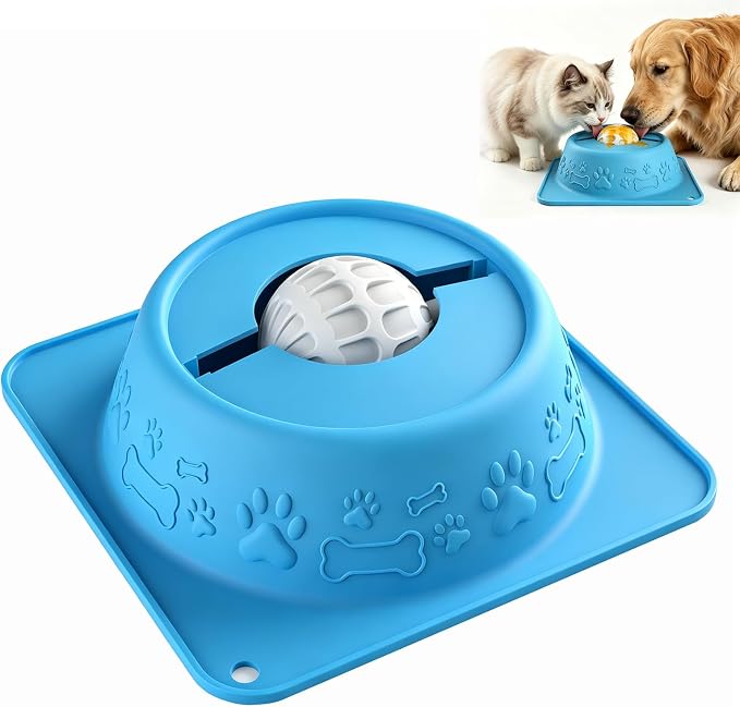 Slow Feeder Lick Bowl for Dogs and Cats, Anti-Slip Pet Water Bowl with Smooth Rolling Ball, No Spill Bowl for Water, Bone Broth, Yogurt & Pumpkin Puree, for Large Medium Small Pets, Light Blue