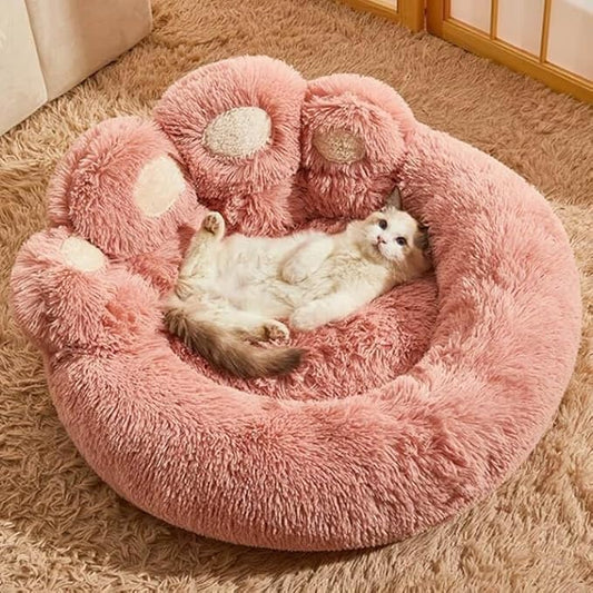 Cat Paw Shaped Cat Bed, Long Plush Calming Cat Bed for Indoor Cats, Washable Pet Bed with Anti-Slip Bottom, Soft Cozy Bed for Small Medium Large Cats & Dogs (Pink, X-Large)