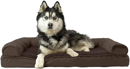 Furhaven Cooling Gel Dog Bed for Large Dogs w/ Removable Bolsters & Washable Cover, For Dogs Up to 95 lbs - Plush & Suede Sofa - Espresso, Jumbo/XL