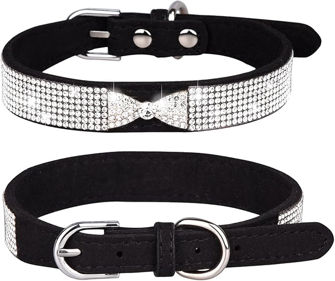 Rhinestone Dog Collar, Cute Dazzling Sparkling Soft Suede Leather Dog Cat Rhinestone Collar Crystal Diamond Pet Dog Puppy Collar (L, Black-2)