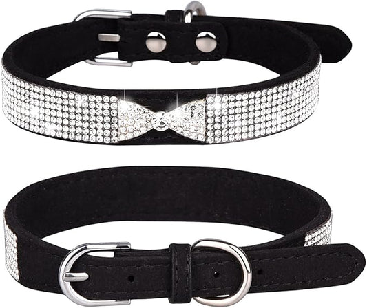 Rhinestone Dog Collar, Cute Dazzling Sparkling Soft Suede Leather Dog Cat Rhinestone Collar Crystal Diamond Pet Dog Puppy Collar (L, Black-2)