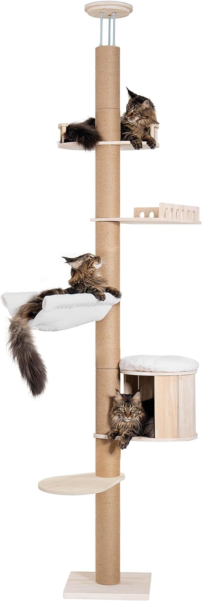Aechonow Floor to Ceiling Cat Tree for Large Cats, Tall Cat Tower with Scratching Post, Adjustable Height(82-122 in), Large Condo Cave Bed Hammock for Indoor Cats, Wood