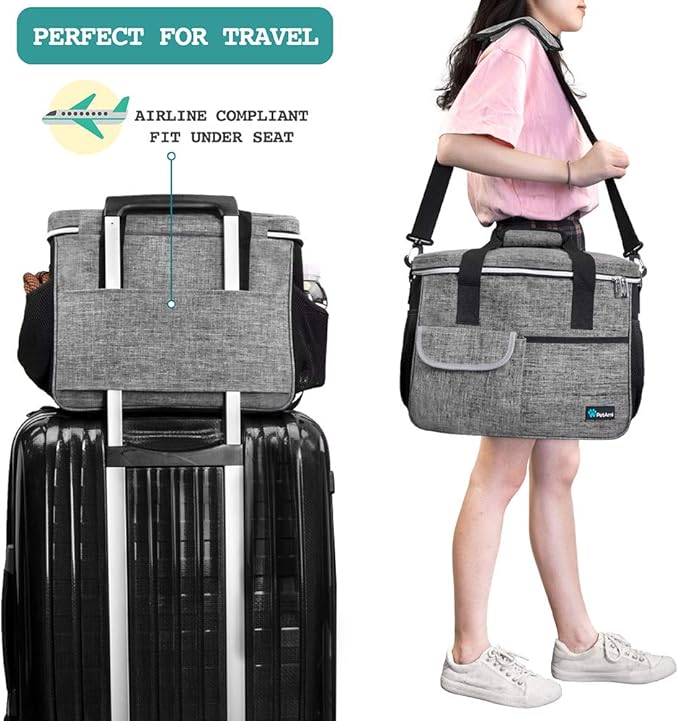 PetAmi Dog Travel Bag Organizer, Pet Travel Kit with 2 Food Containers & 2 Collapsible Dog Bowls, Pet Supplies Tote with Luggage Sleeve, Weekend Road Trip Camping Essentials, Gray, Medium