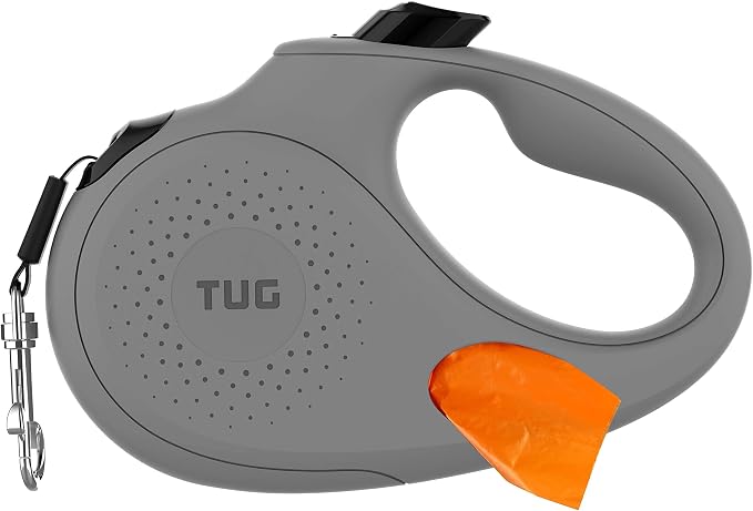 TUG Oval 360° Tangle-Free Retractable Dog Leash with Integrated Waste Bag Dispenser (Large, Grey)