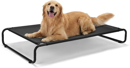 Veehoo Cooling Elevated Dog Bed, Outdoor Dog Bed for Large Dogs, Raised Dog Cot with Thickened Frame, Durable Teslin Mesh & Anti-Slip Rubber Feet, Pet Hammock for Indoor or Camping, 49" x 33", Black