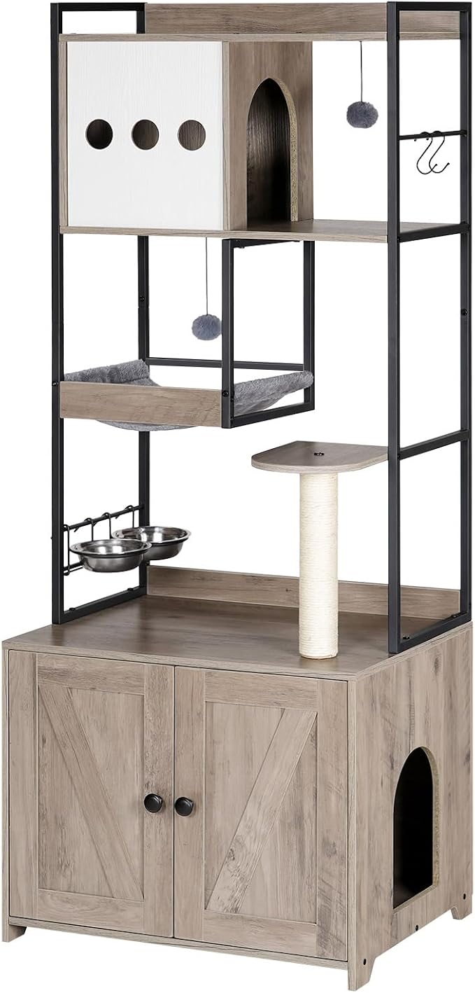 HOOBRO Cat Tree with Litter Box Enclosure, 58.7" H Cat Tower with Hidden Litter Box Furniture, with Scratching Post, Step, Hammock, Multifunctional Pet Furniture with Food Bowls, Greige BG30MZ03G1