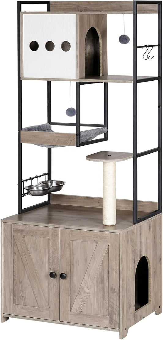HOOBRO Cat Tree with Litter Box Enclosure, 58.7" H Cat Tower with Hidden Litter Box Furniture, with Scratching Post, Step, Hammock, Multifunctional Pet Furniture with Food Bowls, Greige BG30MZ03G1