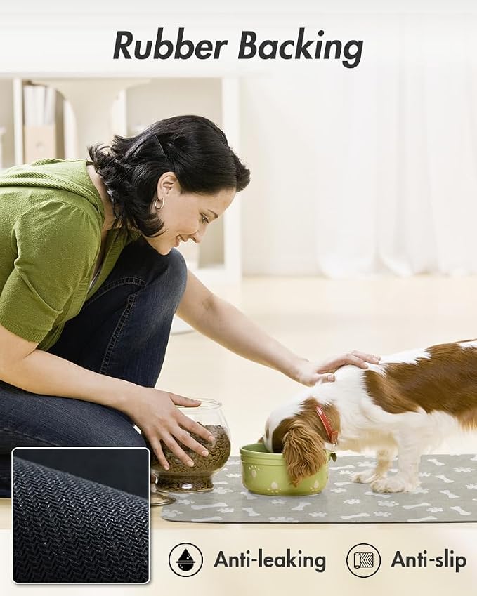 MontVoo Dog Food Mat-Pet Feeding Mat for Food and Water-No Stains Quick Dry Dispenser Cat Bowl Mat for Messy Drinkers(12"X19" Grey)