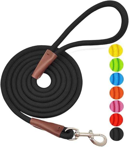 MayPaw 4/6 /8/10 FT Dog Leash, Classic Solid Colors, Strong Nylon Rope Dog Leash Reinforced with Leather Tailor Connection Heavy Duty Silver Clasp (Black, 10ft*1/2")