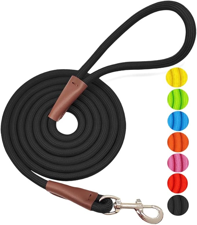 MayPaw 4/6 /8/10 FT Dog Leash, Classic Solid Colors, Strong Nylon Rope Dog Leash Reinforced with Leather Tailor Connection Heavy Duty Silver Clasp (Black, 8ft*1/2")