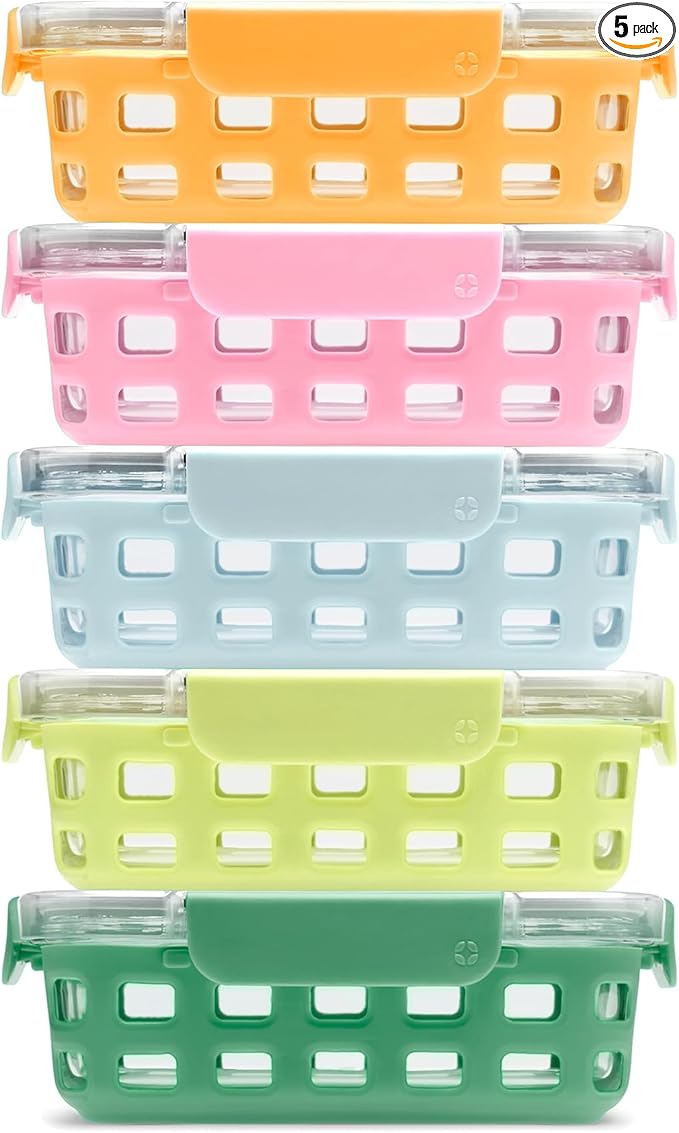 Ello Duraglass 3.4 Cup Meal Prep Sets 10Pc, 5 Pack Set- Glass Food Storage Container with Silicone Sleeve and Airtight BPA-Free Plastic Lids, Dishwasher, Microwave, and Freezer Safe, Meadow