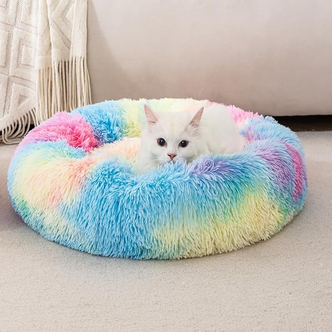 Rainbow Cat Bed for Indoor Cats,Ultra-Soft Plush Calming Kitten Cave Dog Bed,Cama para Gatos Cat Cave Up to 11LB,Soft Washable Anti-Slip Pet Sleeping Bag,17inch