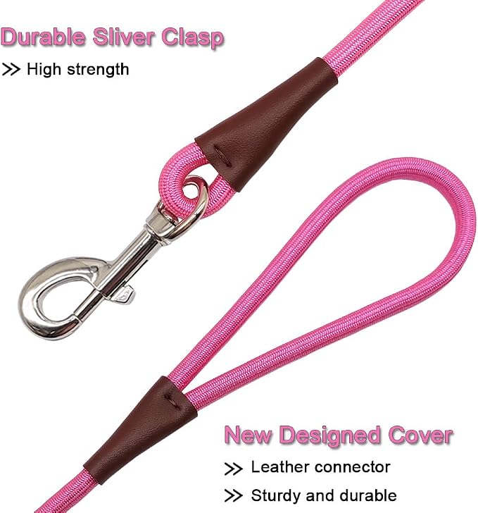 MayPaw 4/6 /8/10 FT Dog Leash, Classic Solid Colors, Strong Nylon Rope Dog Leash Reinforced with Leather Tailor Connection Heavy Duty Silver Clasp (Pink, 8ft*1/2")