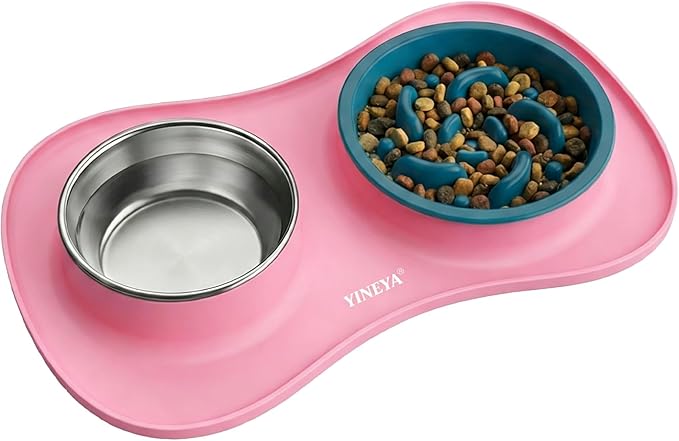 YINEYA 3 in 1 Slow Feeder Dog Bowls & Stainless Steel Food and Water Bowl with Non-Spill Dog Bowl Mat, Anti-Choking Puppy Bowls, Floor Safe & Easy Clean for Large Medium Small Dogs Cats