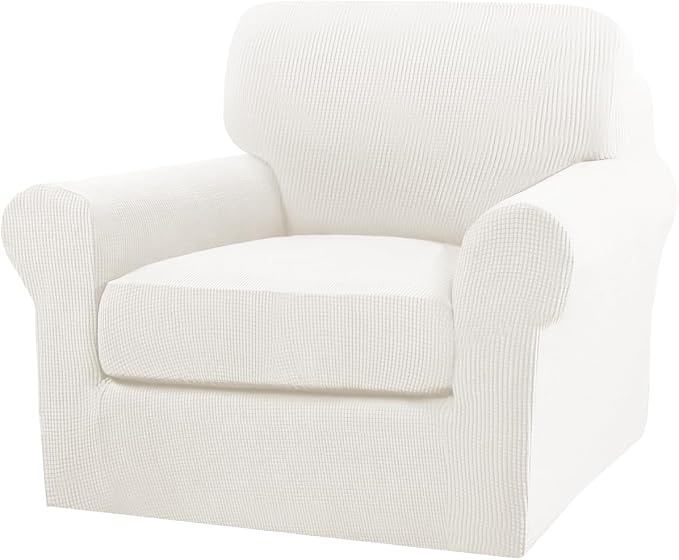 Turquoize 2 Piece Chair Covers Armchair Slipcovers for Living Room Armchair Sofa Cover with Individual Cushion Covers Feature Jacquard Fabric (Chair, Porcelain White)