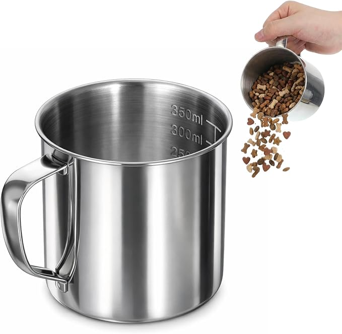 Dog Food Scoop 1.5 Cup, 304 Stainless Steel Dog Food Measuring Cup with Handle Durable Dog-Cat Pet Food Scoop Cup 1 1/2 Cups Measuring Scoops for Dogs, Cats, Birds, Rabbits for Dry Food and Treats