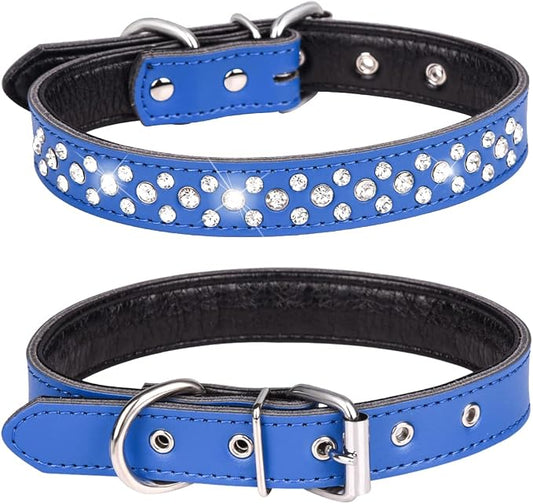Rhinestone Dog Collar, Adjustable Cute Dazzling Sparkling Soft Leather Dog Collar Crystal Diamond Pet Dog Puppy Collar (L, Dark Blue)