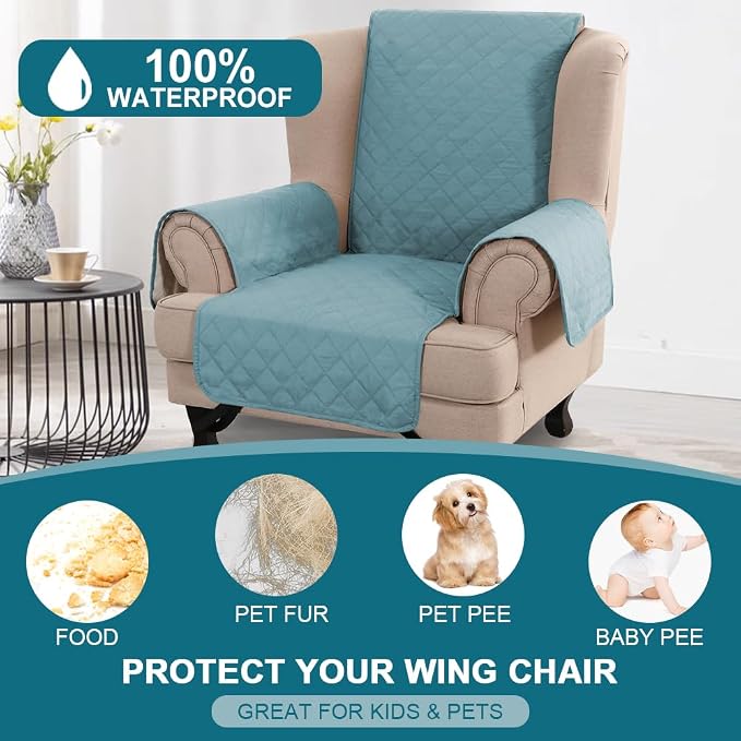 Turquoize 100% Waterproof Wing Chair Cover Wing Armchair Slipcovers Chair Couch Protector Triple Non-Slip Sofa Slipcover Furniture Protector for Pets, Kids,Dog (Wing Chair, Stone Blue)
