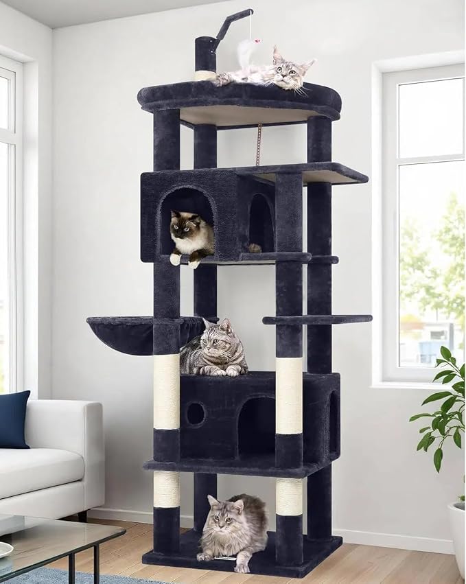 Globlazer 74in Cat Tree for Indoor Cats Large Adult, Heavy Duty Cat Tower with 5 Sisal Scratching Posts, 2 Caves, Oversized Top Perch, Hanging Basket, F74B, Dark Grey