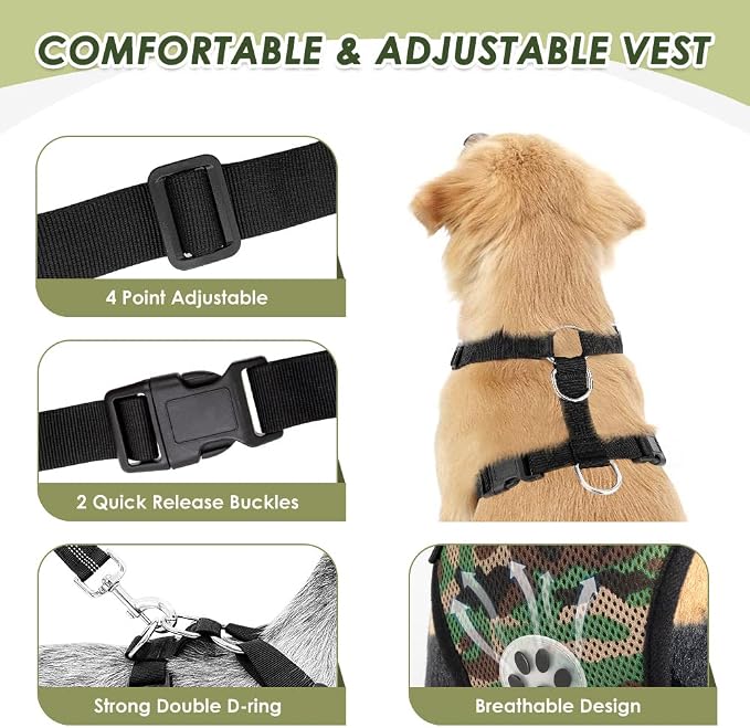 SlowTon Dog Seat Belt Harness for Car, Dog Car Harness Adjustable Mesh Breathable & Dog Seatbelt Safety Tether with Elastic Bungee for Small Medium Large Pets(Camouflage, Double Clip, M)