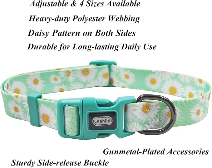 Dog Collar Leash Set, Floral Pattern, Polyester Material, Adjustable Collar and 5ft Matchcing Leash, for Large Dogs.(L, Light Green Daisy)