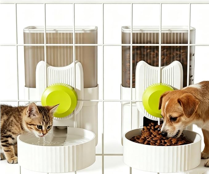 Pet Dog Cat Hanging Automatic Feeder and Water Dispenser Set, 2-in-1 Gravity Pet Food & Water Bowl for Cage, No-Spill Small Dog Rabbit Food Dispenser (Pink)