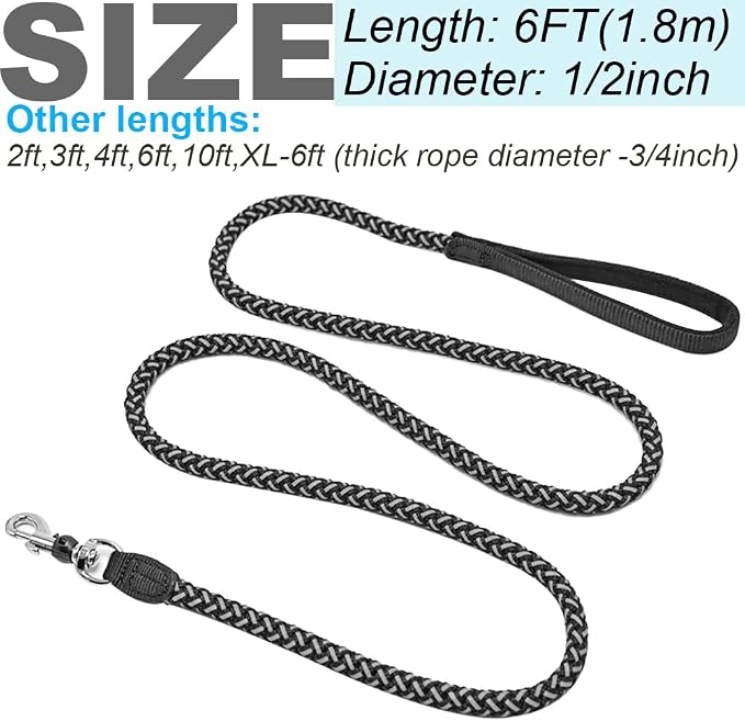 Reflective Dog Leash 2/3/4/6/10ft Braided 1/2" Strong Nylon Rope | 6ft Black Dog Leash for Large Medium Small Dogs Walking Training Leads