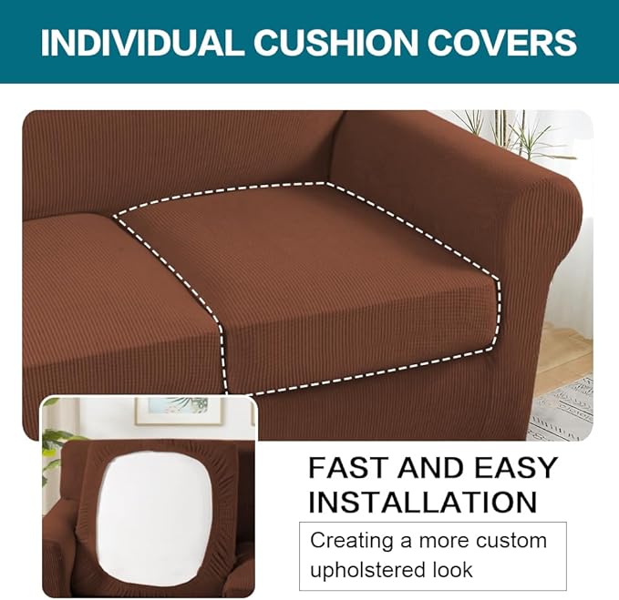 Turquoize 3 Piece Sofa Covers for 2 Cushion Couch Sofa Slipcover Soft Cover for Dogs-Washable Furniture Covers with 2 Individual Cushion Covers, Feature Jacquard Fabric(Loveseat, Caramel)