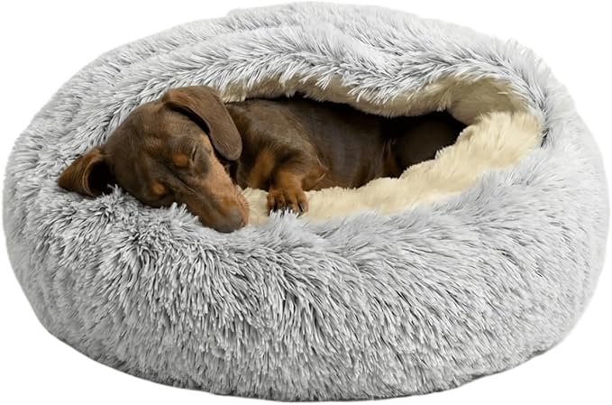 Hooded Donut Dog Bed with Cover, Calming Anti-Anxiety Dog Cave Bed for Small Medium Dogs, Plush Fluffy Burrowing Pet Bed with Waterproof Non-Slip Bottom (Grey,S-20”)