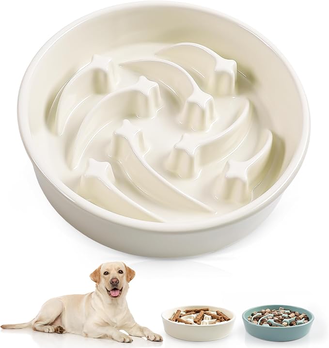 Ceramic Slow Feeder Dog Bowls, 1.5 Cups Dog Food Dish for Medium and Large Breed, Puzzle Dog Food Bowl for Fast Eater, 28OZ, 8.15 inch(Beige)