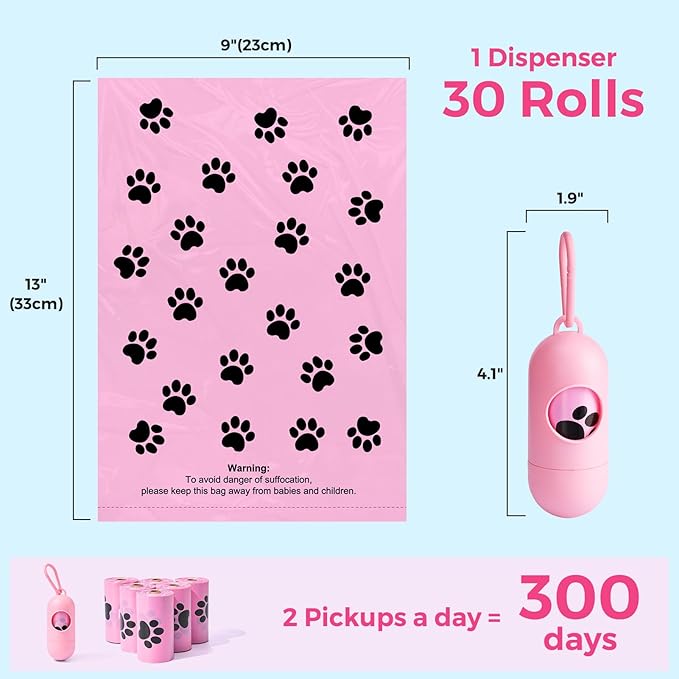 Dyforce 600 Count Dog Poop Bags Rolls with Dispenser, Scented Leak Proof Pet Waste Poop Bags for Dogs 13x9", Extra Thick and Large Doggy Cat Litter Bags for Poops with Holder, Pink