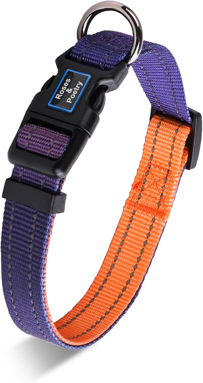 Roses&Poetry Large Dog Collar, Adjustable Reflective Durable Pet Collars for Small Medium Large Dogs(NavyOrange-L)