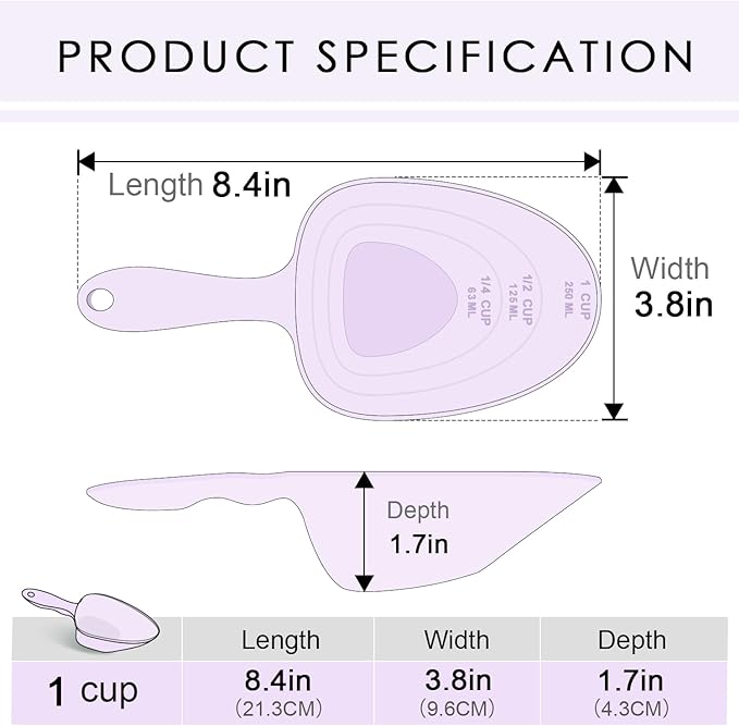 Melamine Pet Food Measuring Scoop, 1 Cup 1/2 Cup 1/4 Cup with Clear Measurement Lines for Dog, Cat, Bird, and Rabbit, Durable, Ergonomic Handle, Dishwasher safe-Orange & Purple