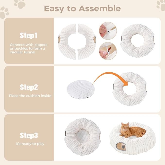 Avont Cat Tunnel Bed for Indoor Cats, Plush Fluffy Kitten Donut Tunnel 3 Shape to Play, Large Kitty Circle Tunnel Under Christmas Tree, Cat Play Toys Gift Ideas -White Short-Pile