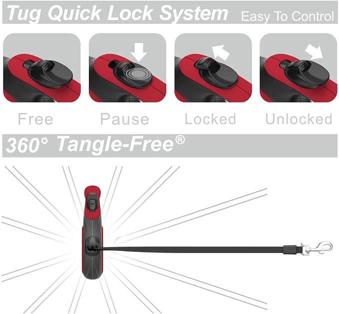 TUG 360° Tangle-Free Retractable Dog Leash with Anti-Slip Handle | 16 ft Strong Nylon Tape | One-Handed Brake, Pause, Lock (Medium, Red)