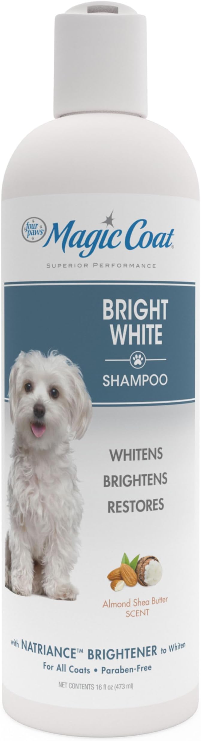 Four Paws Magic Coat Bright White Whitening Shampoo for Dogs with Natriance Brightener, Brightening Dog Wash, Removes Tear Stains, Almond Shea Butter Scent, 16 Ounce